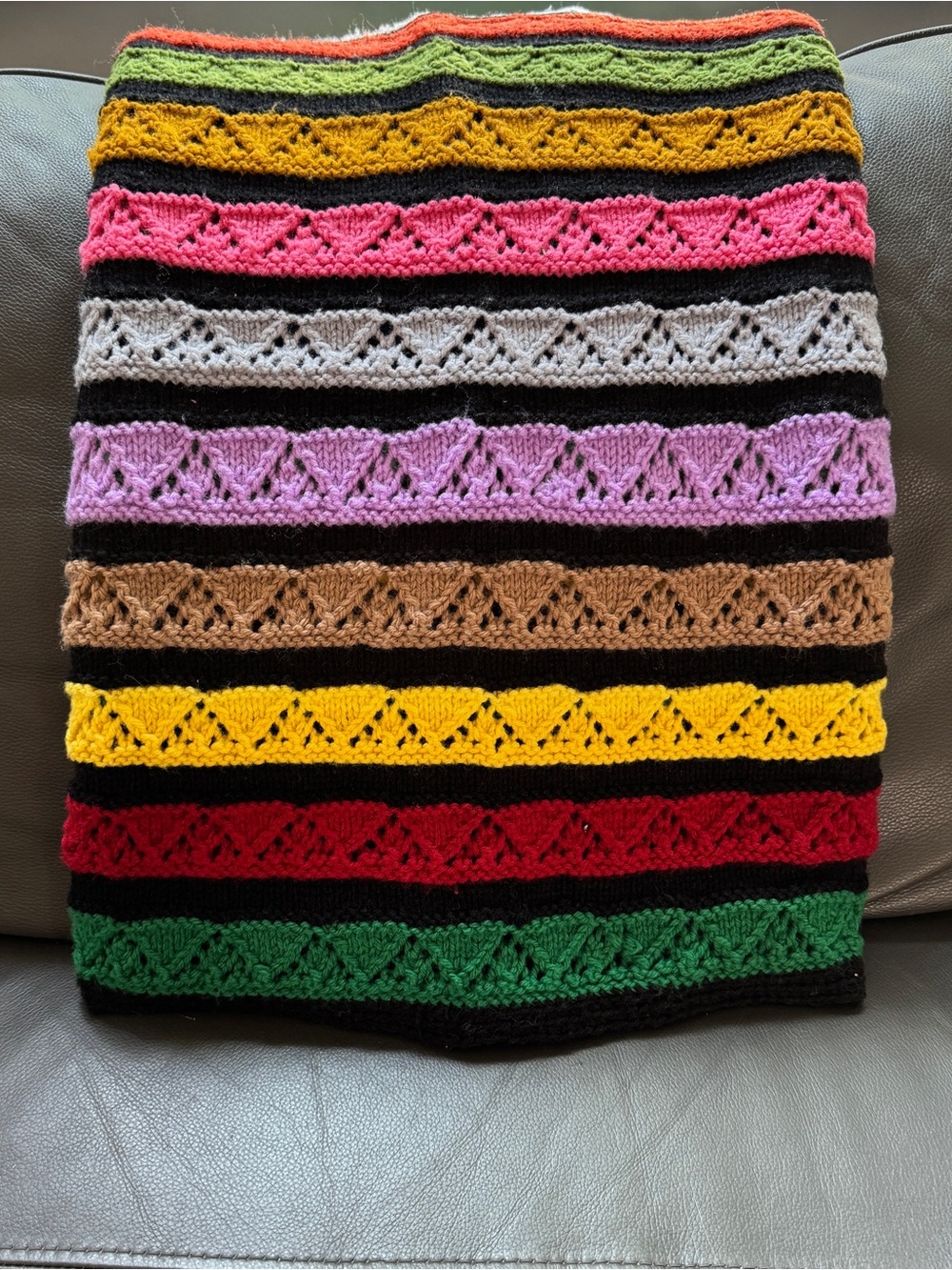 VTG Rainbow Stripe Handmade Afghan Multicolor Black Throw Boho Cottage 68x46